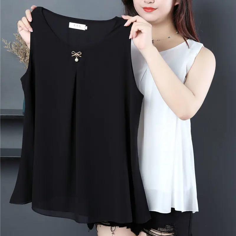 Women's Oversized Sleeveless Chiffon Blouse – Loose Fit O-Neck Summer Top in Solid Colors
