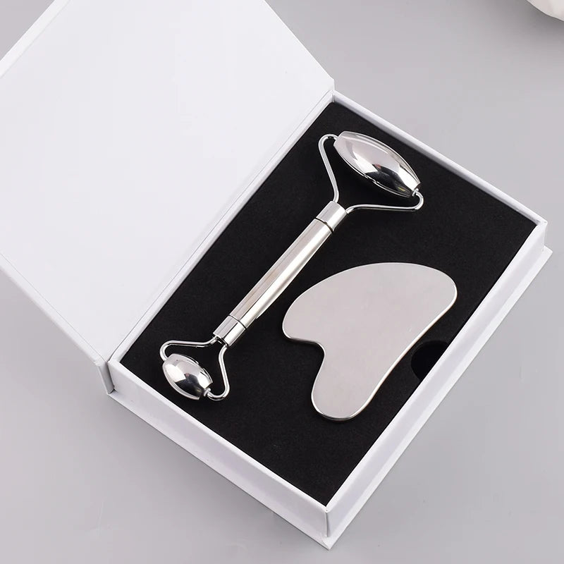 Stainless Steel Facial Roller & Gua Sha Set – Skin Detox, Anti-Wrinkle Massager for Face and Neck Beauty Care
