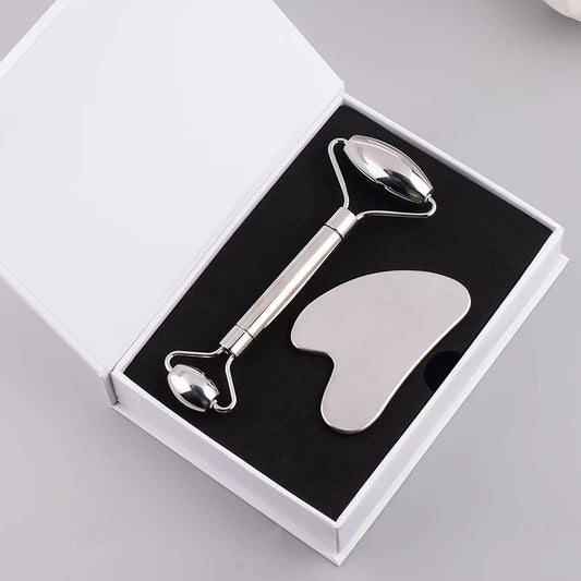 Stainless Steel Facial Roller & Gua Sha Set – Skin Detox, Anti-Wrinkle Massager for Face and Neck Beauty Care