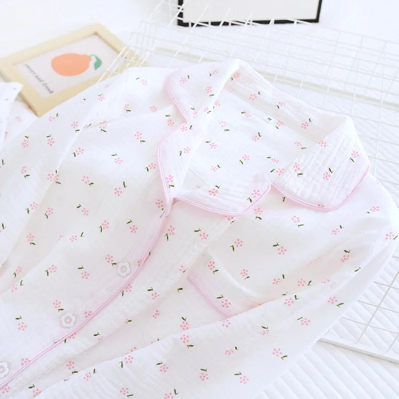 Women's 2-Piece Gauze Cotton Pajama Set – Printed Long Sleeve Button-Up Sleepwear for Spring and Fall