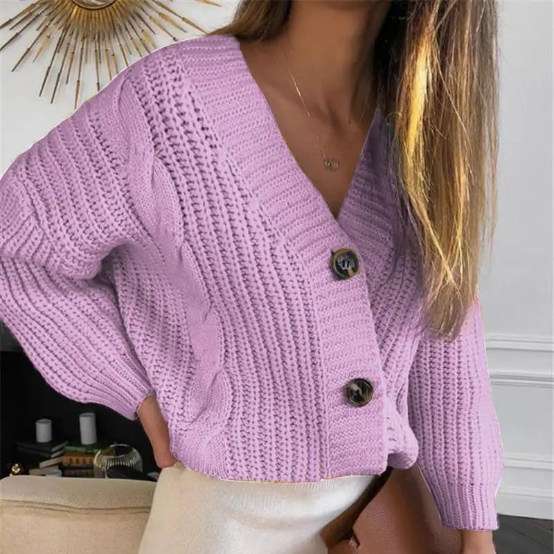 Women's V-Neck Knitted Cardigan – Long Sleeve Cotton Sweater for Autumn and Winter Casual Streetwear