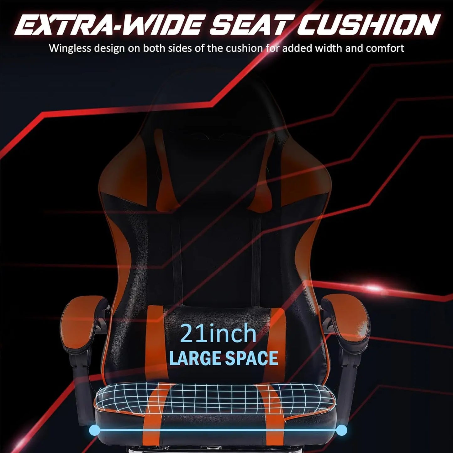 Adjustable Orange PU Leather Gaming Chair – Manual Recliner with Footrest and Lumbar Support