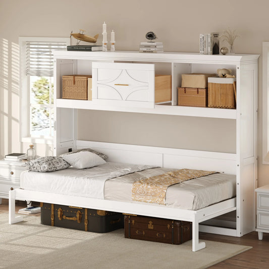 Twin Size Murphy Bed with Built-In Charging Station and Drawer – Foldable Space-Saving Design in White