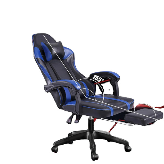 Adjustable Blue PU Leather Gaming Chair – Manual Recliner with Footrest and Lumbar Support