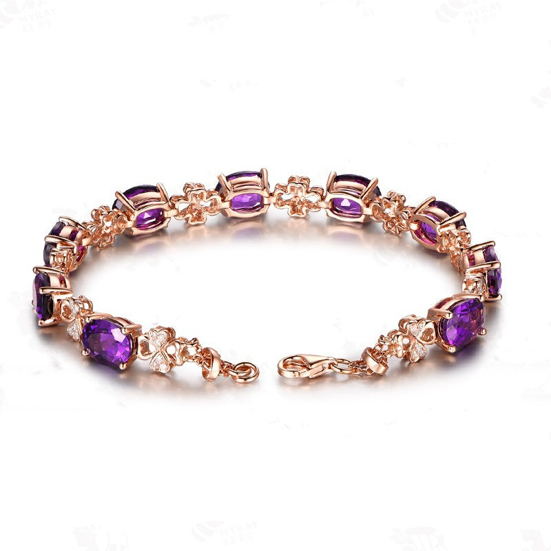 18K Rose Gold-Plated Natural Amethyst Bracelet for Women – Romantic Handmade Link Chain Jewelry with Diamond Accents, Ideal Valentine's Gift