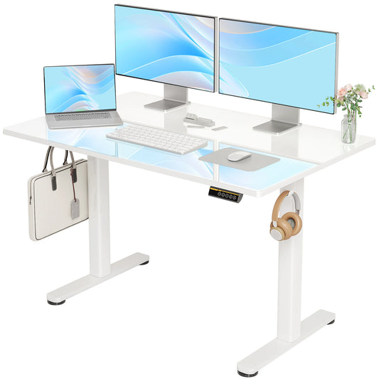 48-Inch Electric Standing Desk – Modern White Tempered Glass Top, Adjustable Height, Quick Assembly for Home or Office