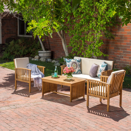 4-Piece Outdoor Garden Chat Set in Natural Acacia Wood with Water-Resistant Beige Cushions – Patio Courtyard Furniture