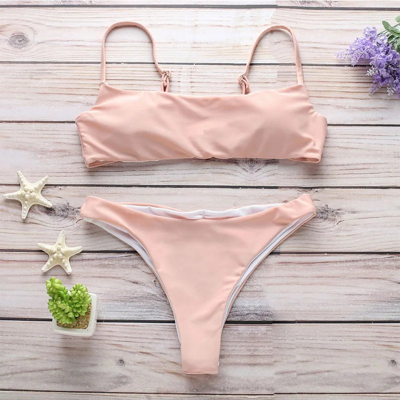 Solid Color Sexy Bikini Set – Women's Two-Piece Low Waist Swimsuit with Padded Top, Summer Swimwear XL Sizes