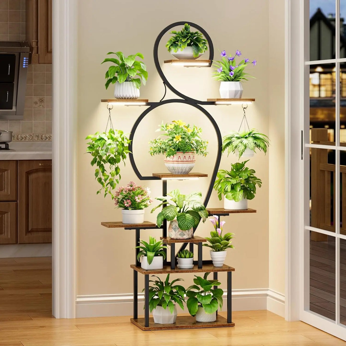 9-Tier Heavy-Duty Indoor Plant Stand with Grow Light – 63-Inch Freestanding Metal and MDF Rack for Living Room, Patio, or Garden