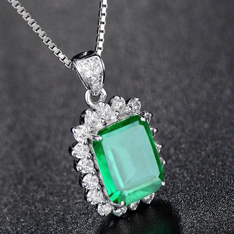 925 Sterling Silver Green Emerald and Diamond Accented Pendant – Vintage Style Necklace Charm for Women