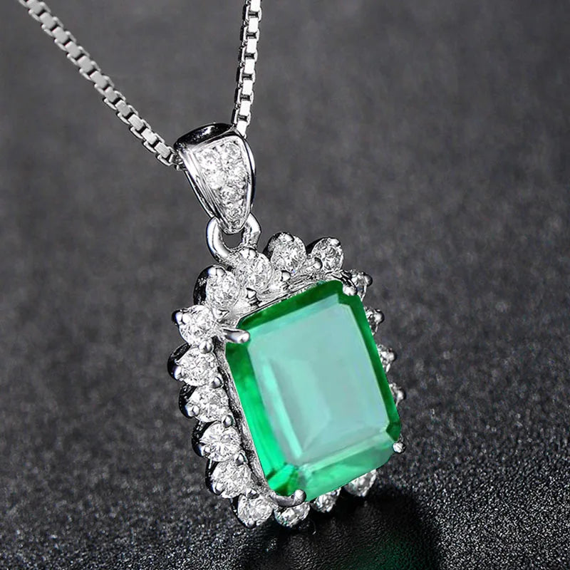 925 Sterling Silver Green Emerald and Diamond Accented Pendant – Vintage Style Necklace Charm for Women