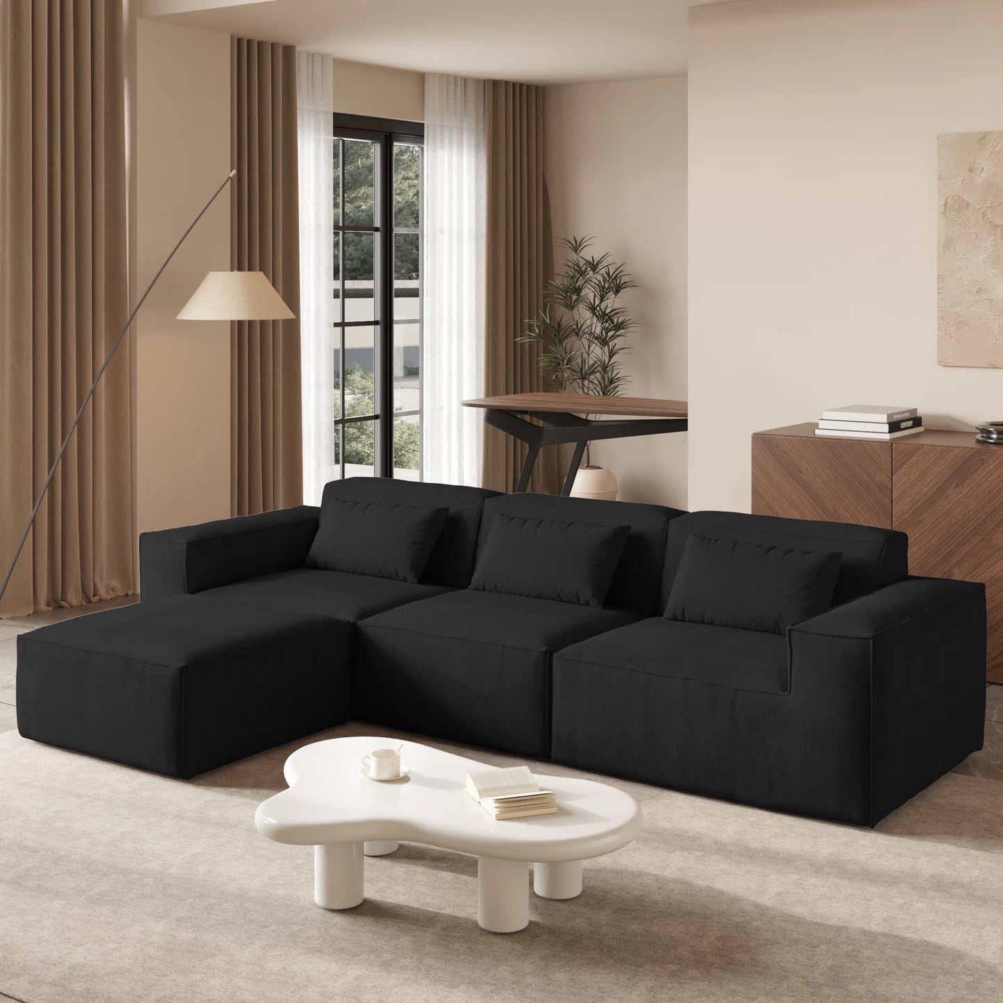 Black Modular Cloud Velvet Sectional Sofa – Vacuum Compressed Modern Living Room Couch Set