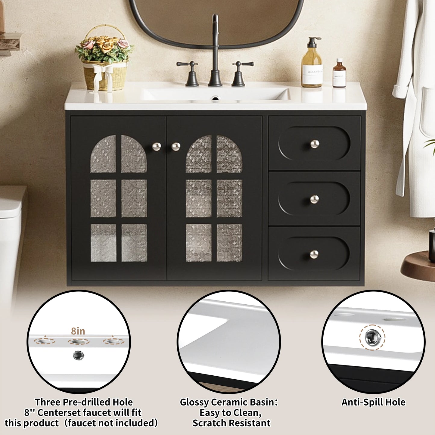 36-Inch Floating Bathroom Vanity in Black with Ceramic Sink – 3 Drawers, Soft-Close System, and Wall-Mounted Design
