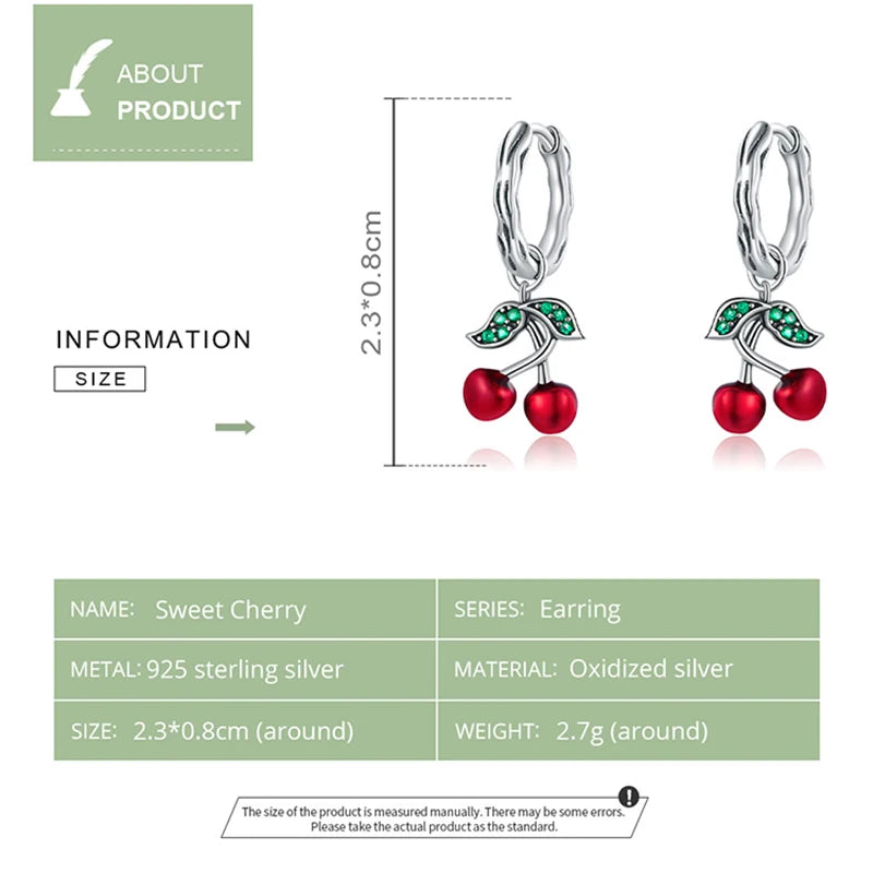 Sterling Silver Sweet Cherry Stud Earrings – Cute Plant-Inspired Zircon Earrings for Women