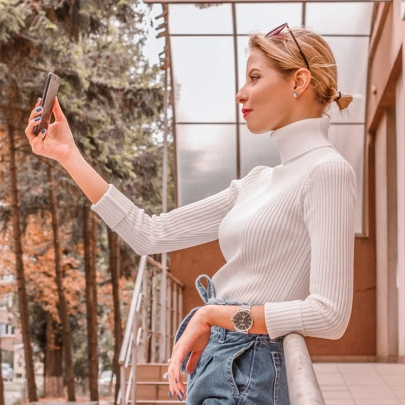 Women's Winter Knitted Turtleneck Sweater – Slim Fit Cotton Polo-Neck Pullover for Casual Cold Weather Outfits