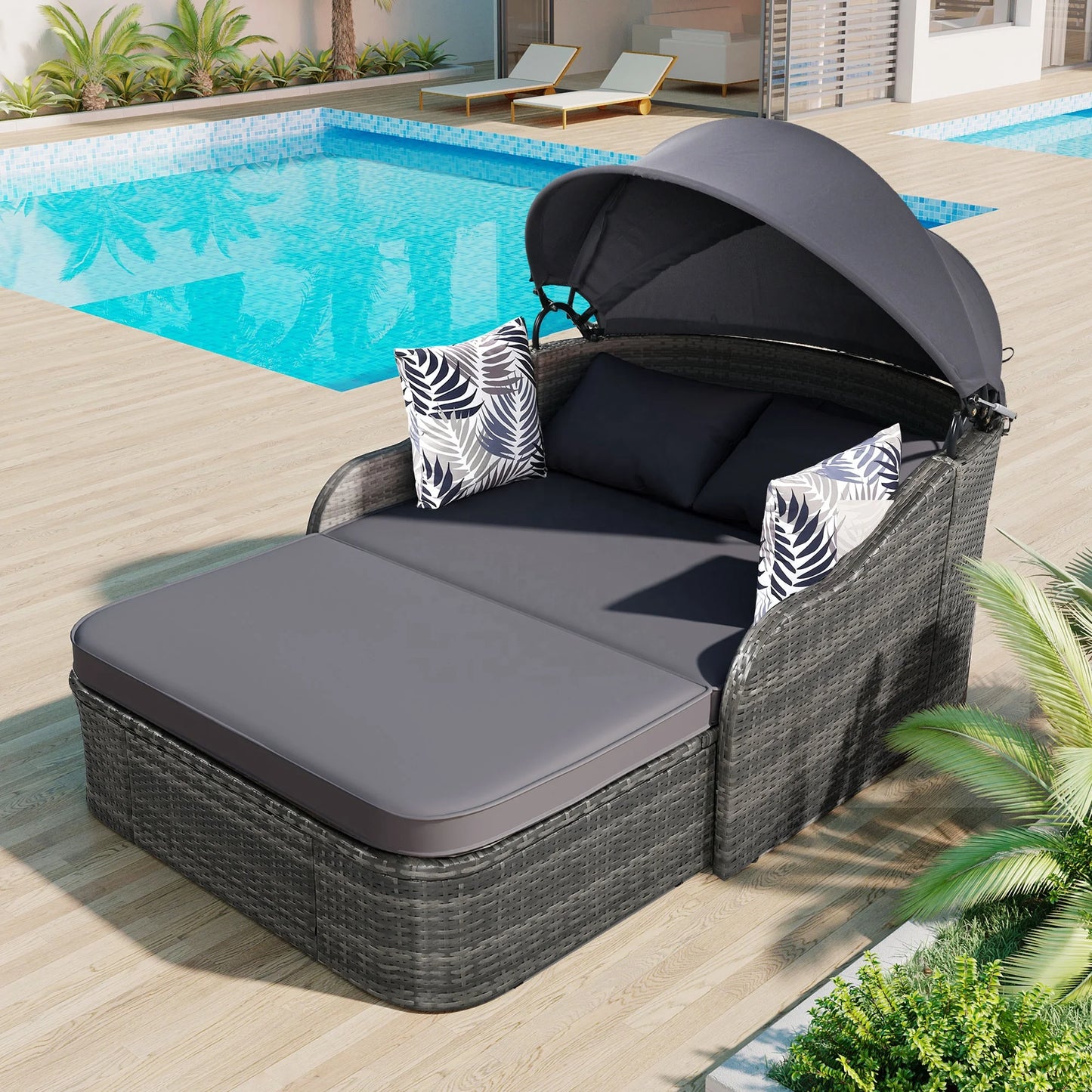 79.9-Inch Outdoor Double Rattan Sunbed with Adjustable Canopy – Navy Blue Cushions and PE Wicker Design for Garden or Poolside