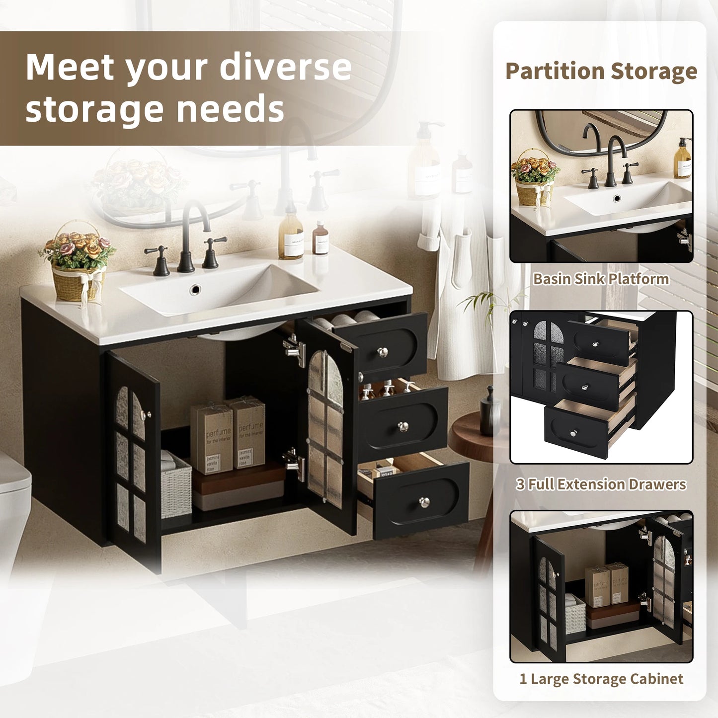 36-Inch Floating Bathroom Vanity in Black with Ceramic Sink – 3 Drawers, Soft-Close System, and Wall-Mounted Design