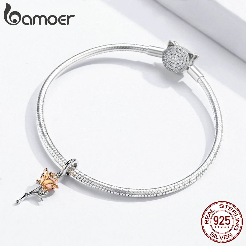 3D Rose Flower Charm Pendant – 925 Sterling Silver with Rose Gold Finish for Bracelets or Necklaces