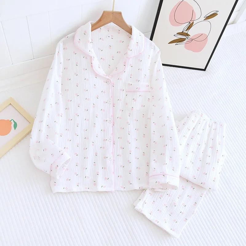 Women's 2-Piece Gauze Cotton Pajama Set – Printed Long Sleeve Button-Up Sleepwear for Spring and Fall
