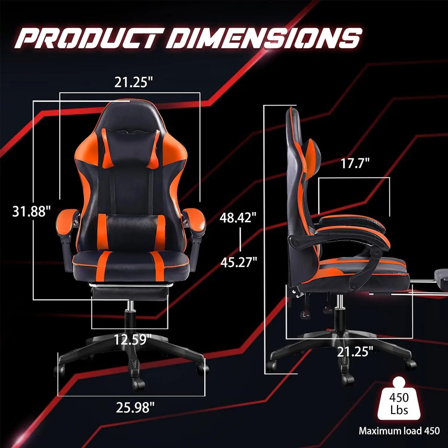 Adjustable Orange PU Leather Gaming Chair – Manual Recliner with Footrest and Lumbar Support