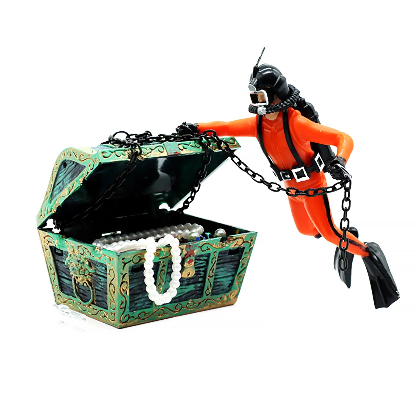 Treasure Chest Diver Aquarium Ornament – Air Bubbler Action Figure Decoration for Underwater Landscape Movement (135g)