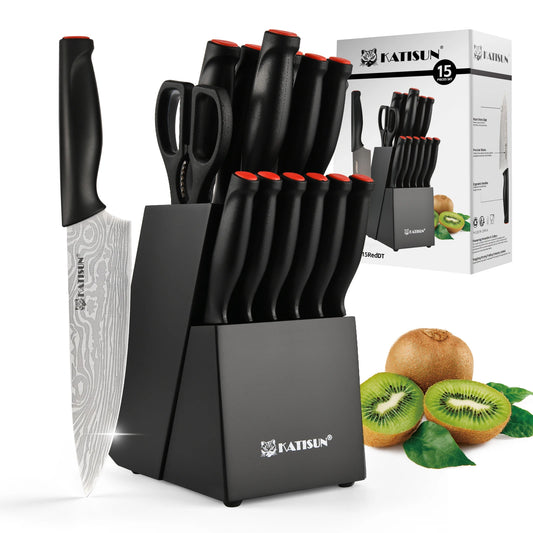 15-Piece Damascus Pattern High Carbon Steel Kitchen Knife Set with Ergonomic Handles & Built-in Sharpener
