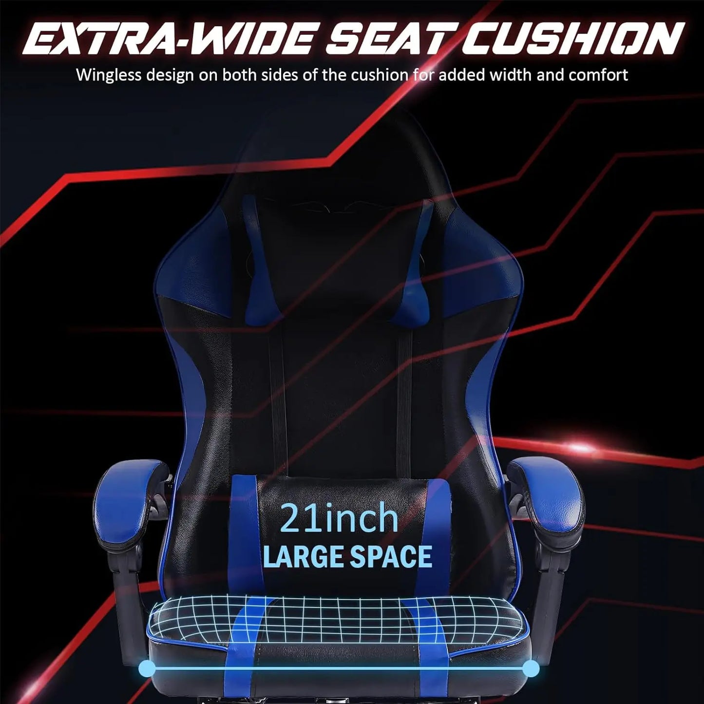 Adjustable Blue PU Leather Gaming Chair – Manual Recliner with Footrest and Lumbar Support
