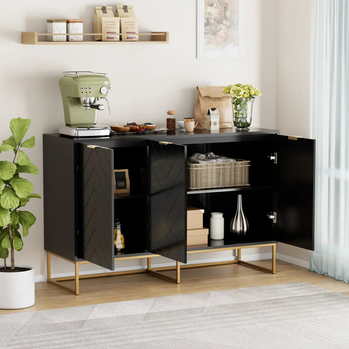 Black Modern 3-Door Storage Buffet Cabinet – Sideboard with Adjustable Shelf for Living Room, Bedroom, or Entryway