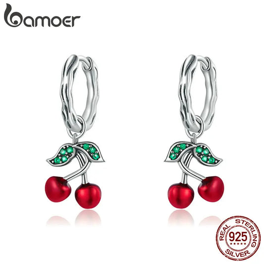 Sterling Silver Sweet Cherry Stud Earrings – Cute Plant-Inspired Zircon Earrings for Women