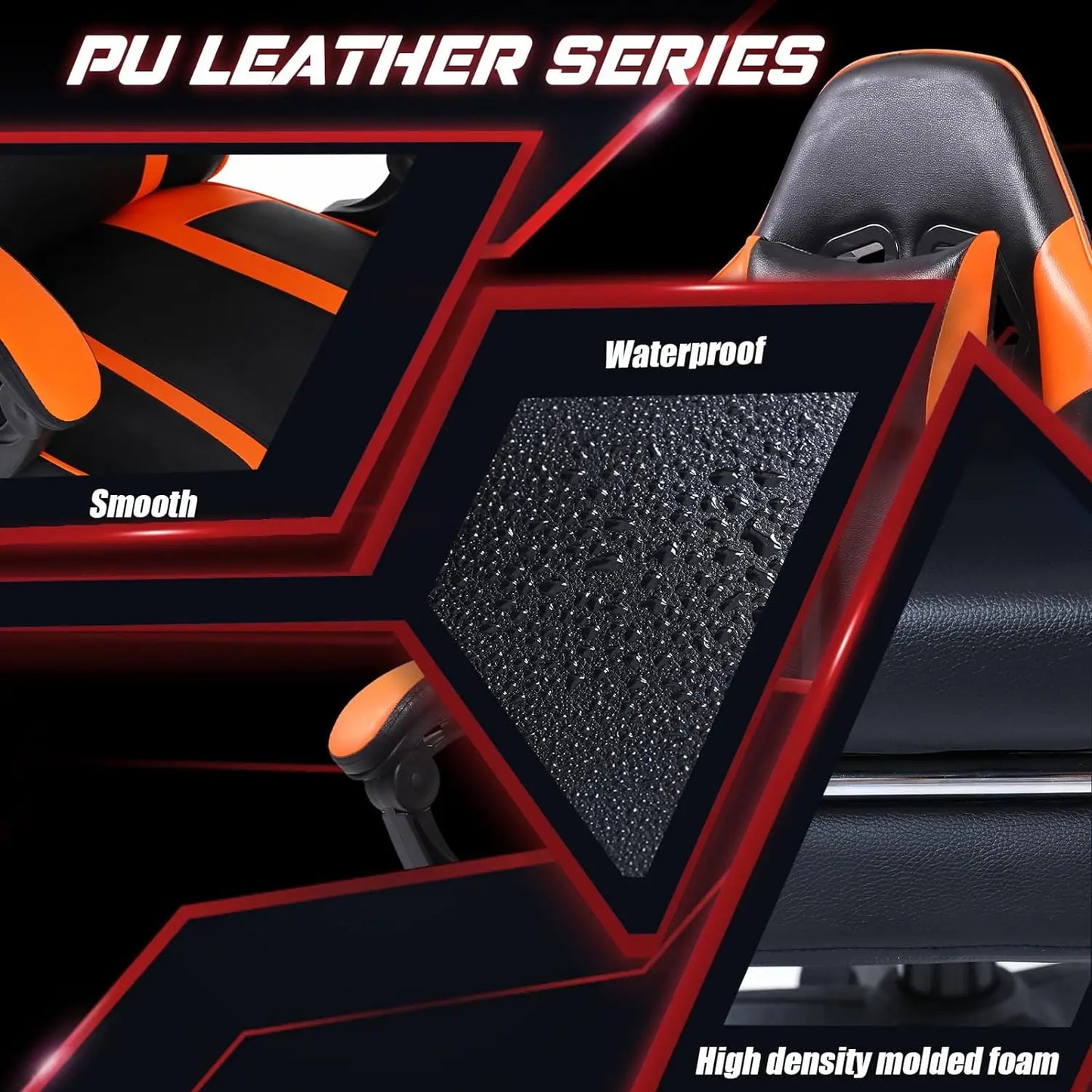 Adjustable Orange PU Leather Gaming Chair – Manual Recliner with Footrest and Lumbar Support