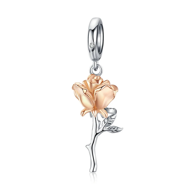 3D Rose Flower Charm Pendant – 925 Sterling Silver with Rose Gold Finish for Bracelets or Necklaces