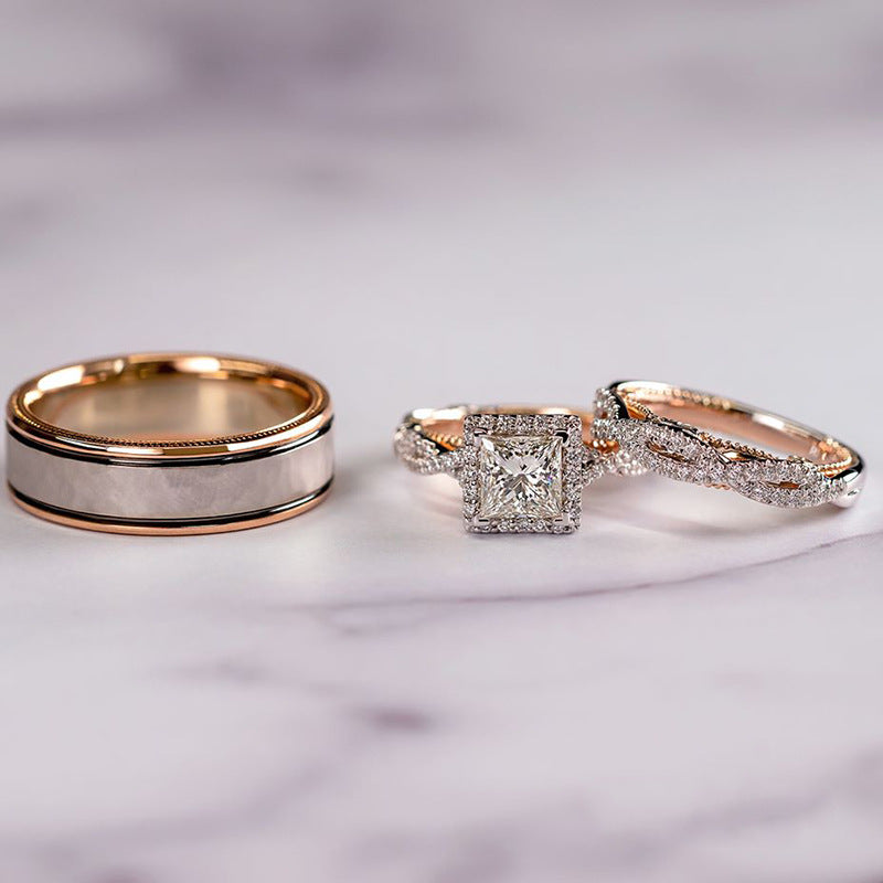 18K Rose Gold Princess Cut Real Diamond Ring – Elegant Bridal Jewelry Set for Women