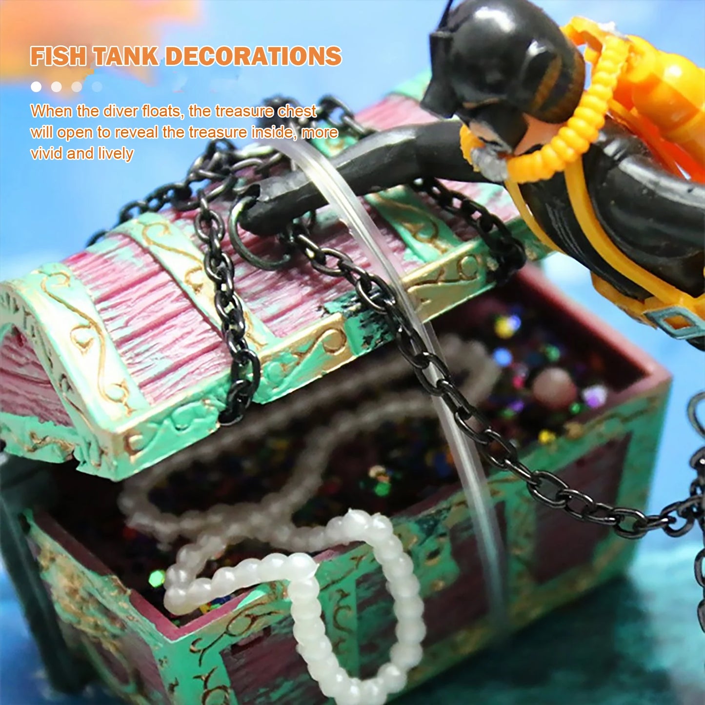 Treasure Chest Diver Aquarium Ornament – Air Bubbler Action Figure Decoration for Underwater Landscape Movement (135g)