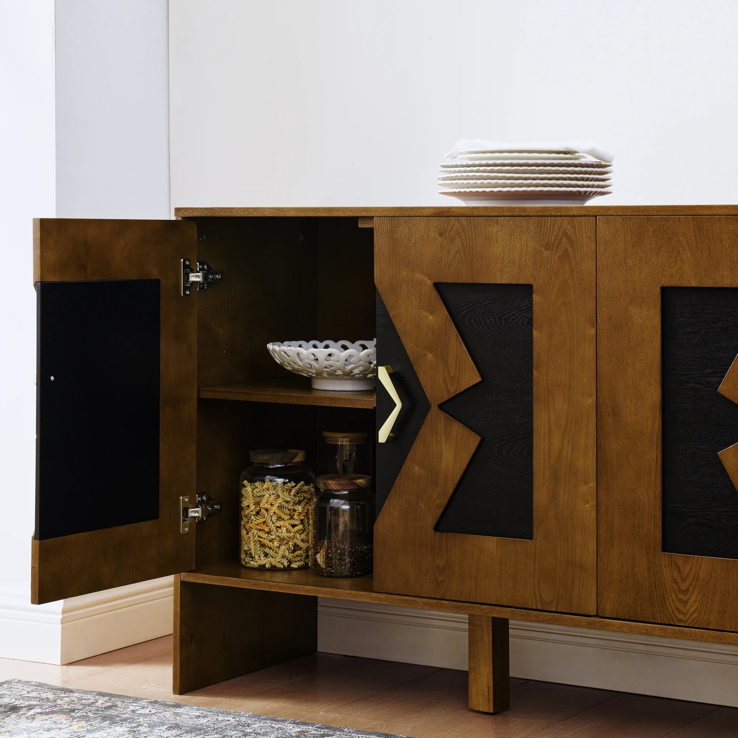 60" Mid-Century Modern Sideboard Buffet Cabinet with Adjustable Shelves and Geometric Pattern – Brown Wooden Storage for Kitchen, Living Room, or Entryway