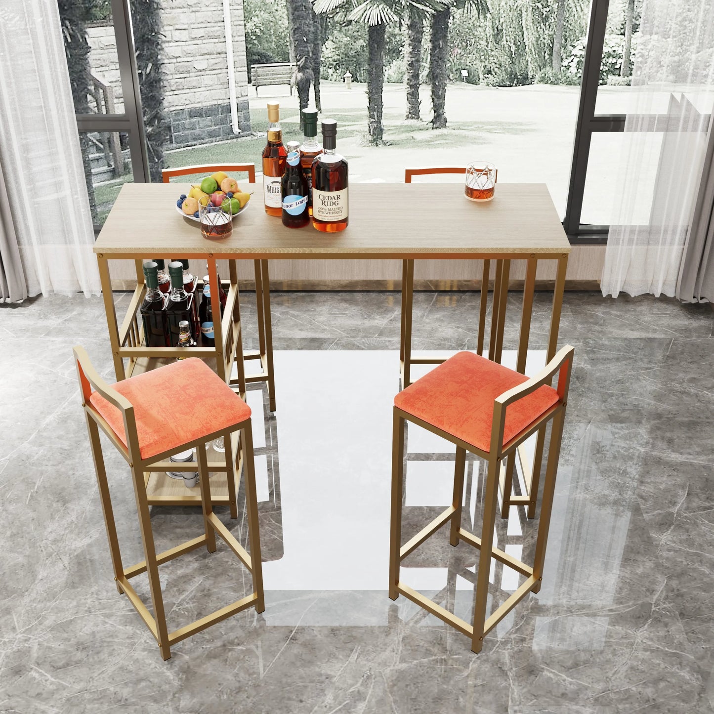 5-Piece Modern Bar Height Dining Set with Storage – Gold Frame and Orange Cushioned Chairs