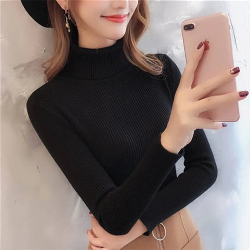 Women's Winter Knitted Turtleneck Sweater – Slim Fit Cotton Polo-Neck Pullover for Casual Cold Weather Outfits