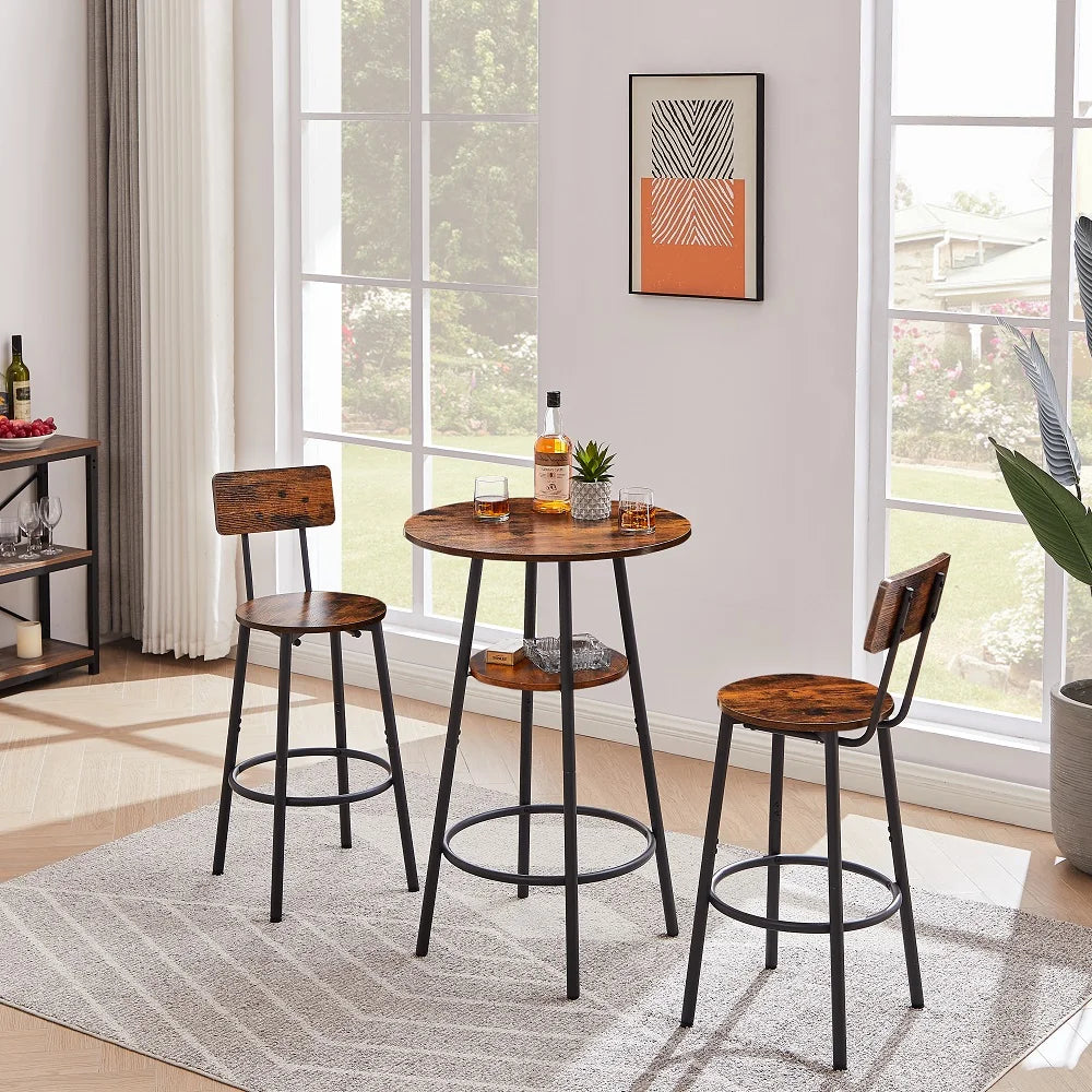 3-Piece Rustic Round Wood Bar Stool Set with Storage Shelves