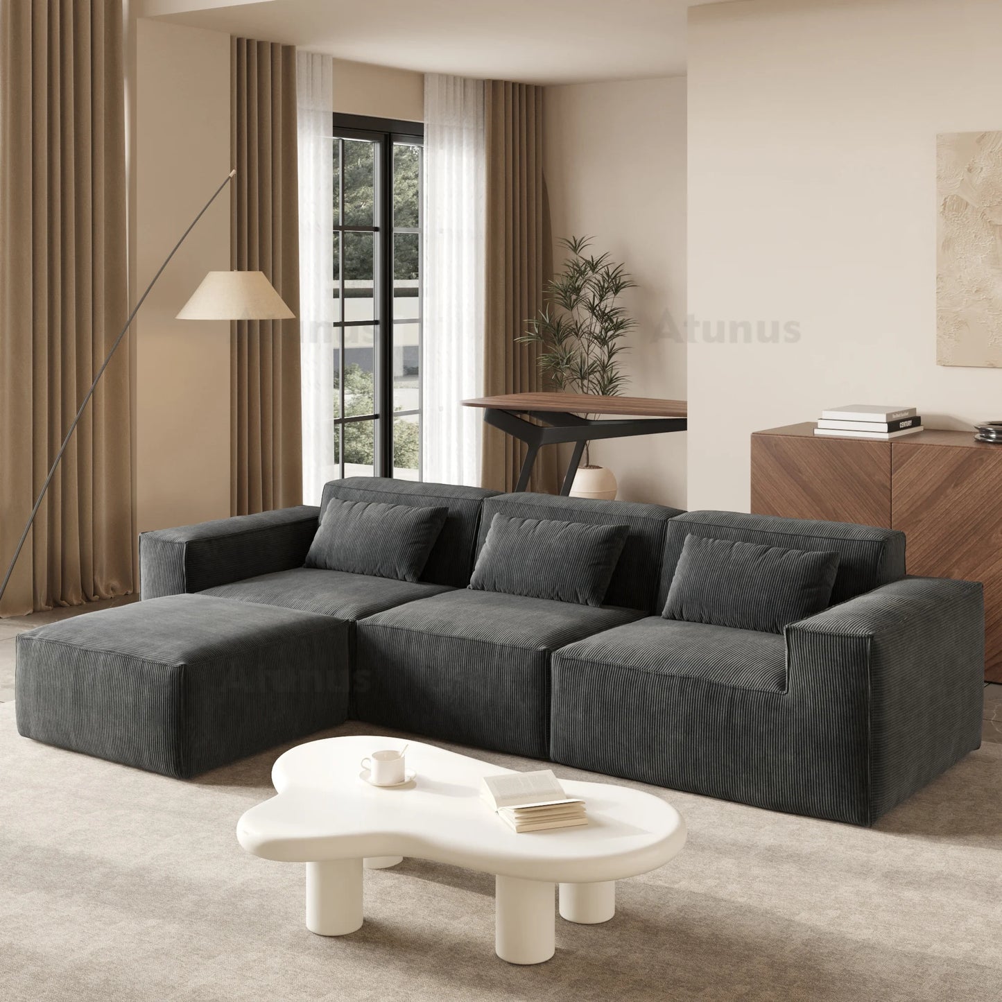 Beige Modular L-Shaped Sectional Sofa – Compressed Cloud Velvet Living Room Couch Set