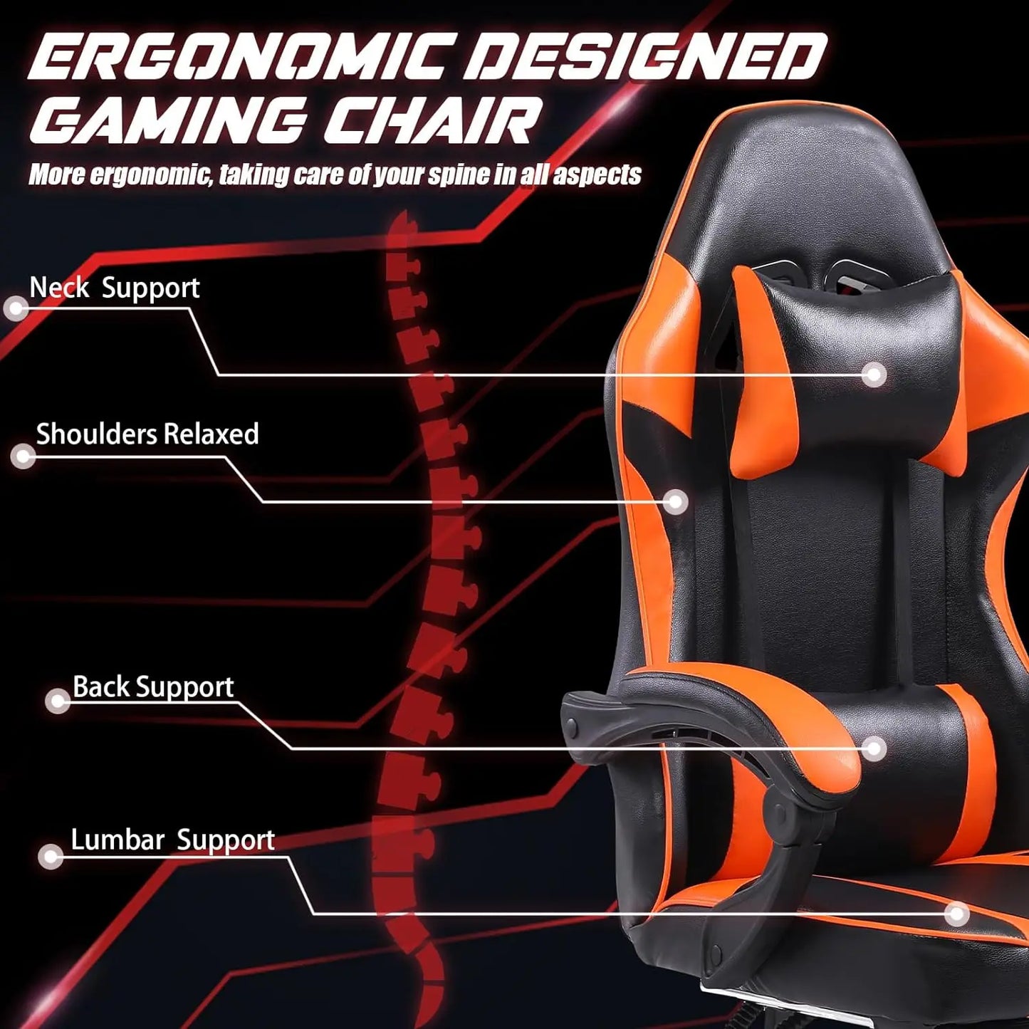 Adjustable Orange PU Leather Gaming Chair – Manual Recliner with Footrest and Lumbar Support