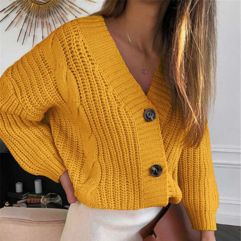 Women's V-Neck Knitted Cardigan – Long Sleeve Cotton Sweater for Autumn and Winter Casual Streetwear
