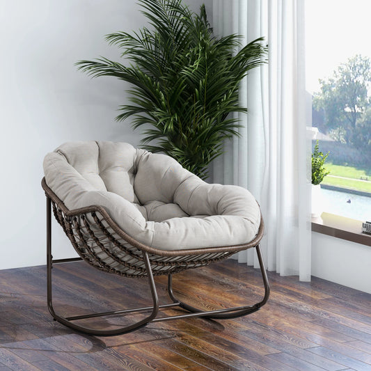 Beige Outdoor Rattan Rocking Chair with Padded Cushion – Comfortable Patio Recliner for Porch, Garden, or Living Room