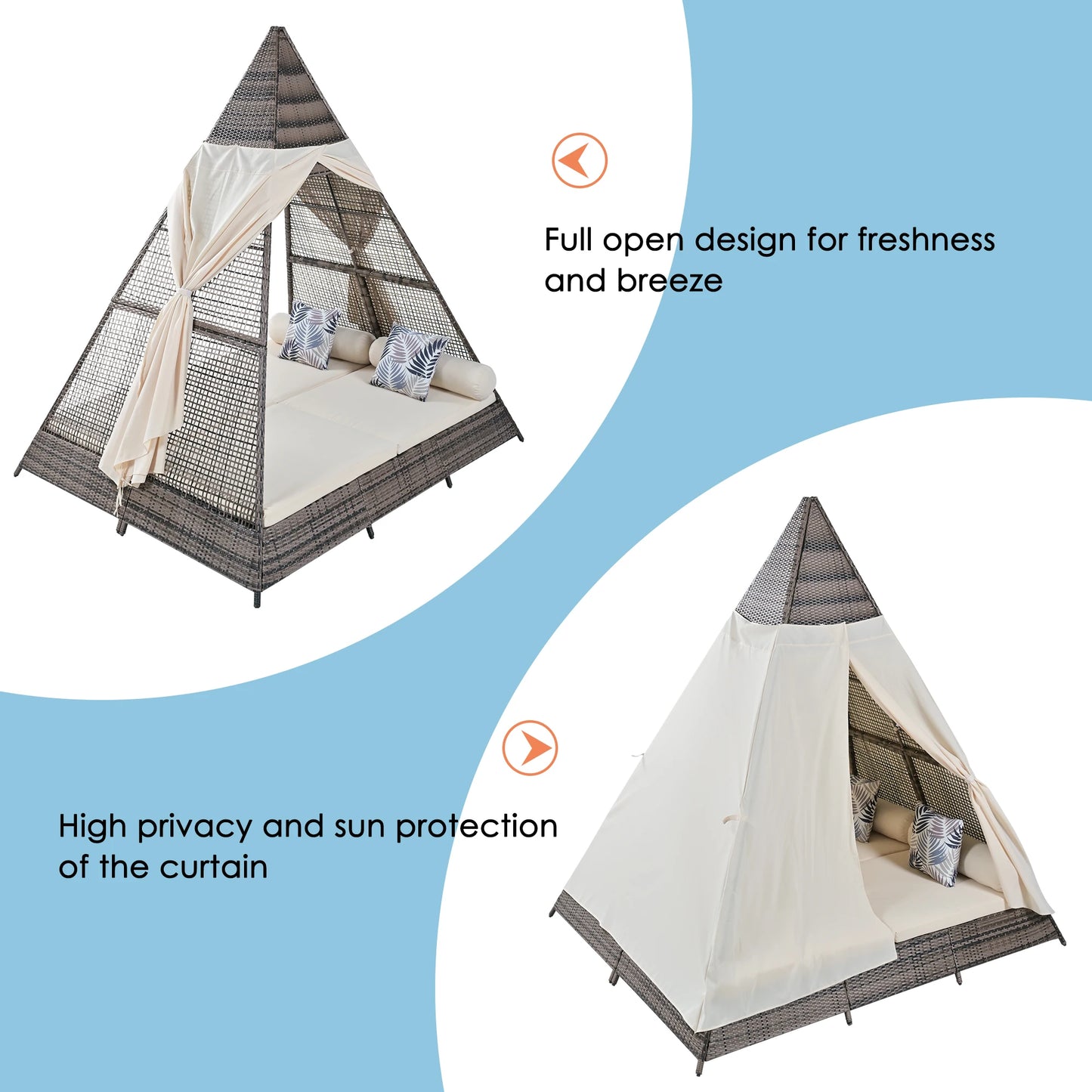 90.5-Inch Beige Outdoor Tent-Shaped Wicker Sunbed – Modern Patio Daybed with Cushions and Colorful Pillows