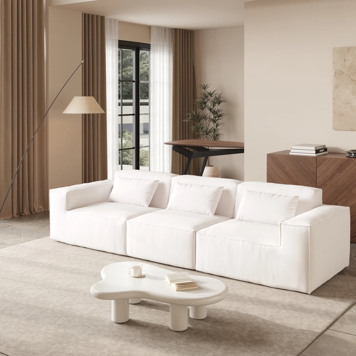 Beige Modular L-Shaped Sectional Sofa – Compressed Cloud Velvet Living Room Couch Set