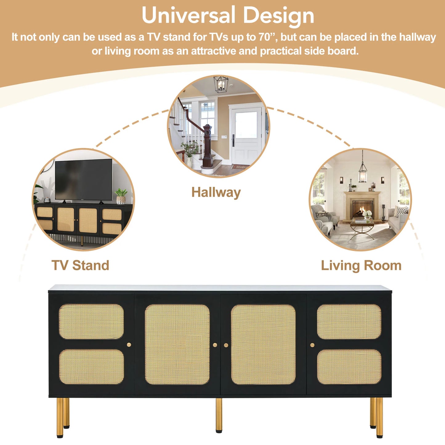 Boho Style Rattan Door TV Stand – Rectangular Modern Cabinet for Living Room or Apartment