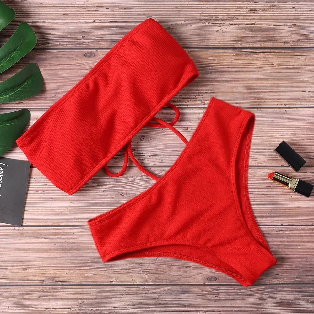 Strapless High-Waist Bikini Set for Women – Solid Color, Padded, Wire-Free Two-Piece Swimsuit