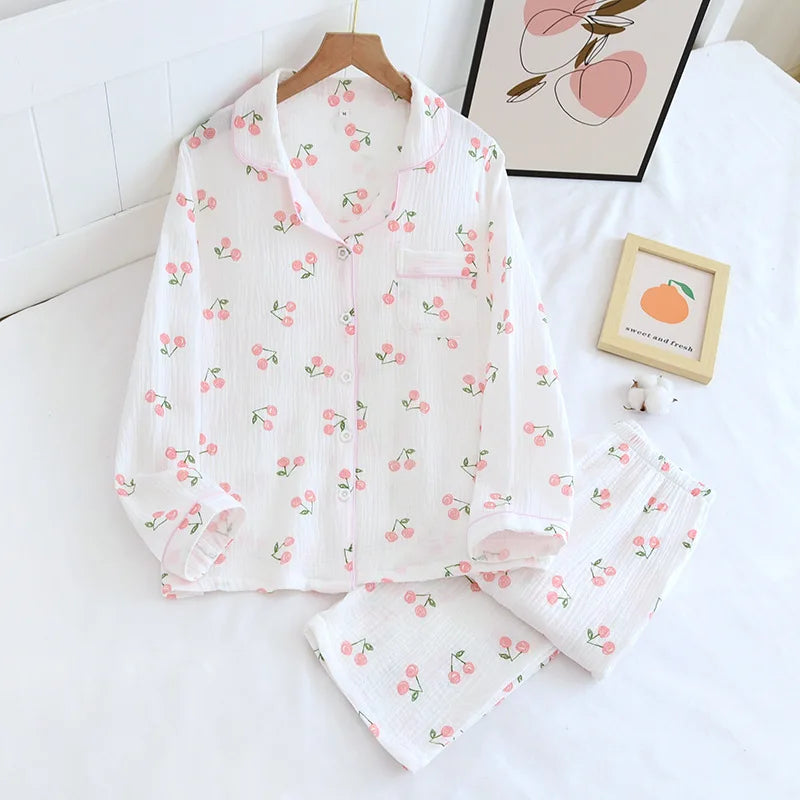 Women's 2-Piece Gauze Cotton Pajama Set – Printed Long Sleeve Button-Up Sleepwear for Spring and Fall