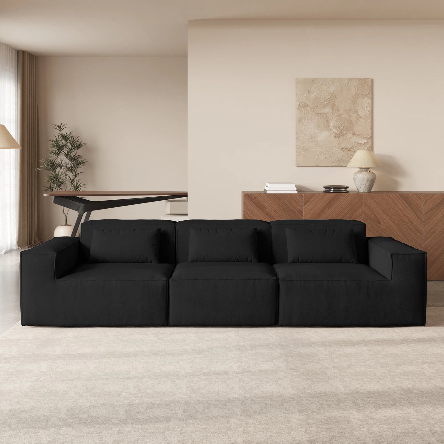 Black Modular Cloud Velvet Sectional Sofa – Vacuum Compressed Modern Living Room Couch Set