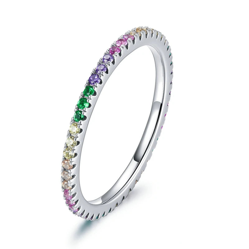 925 Sterling Silver Rainbow Zircon Ring – Dazzling Multicolor CZ Band for Women