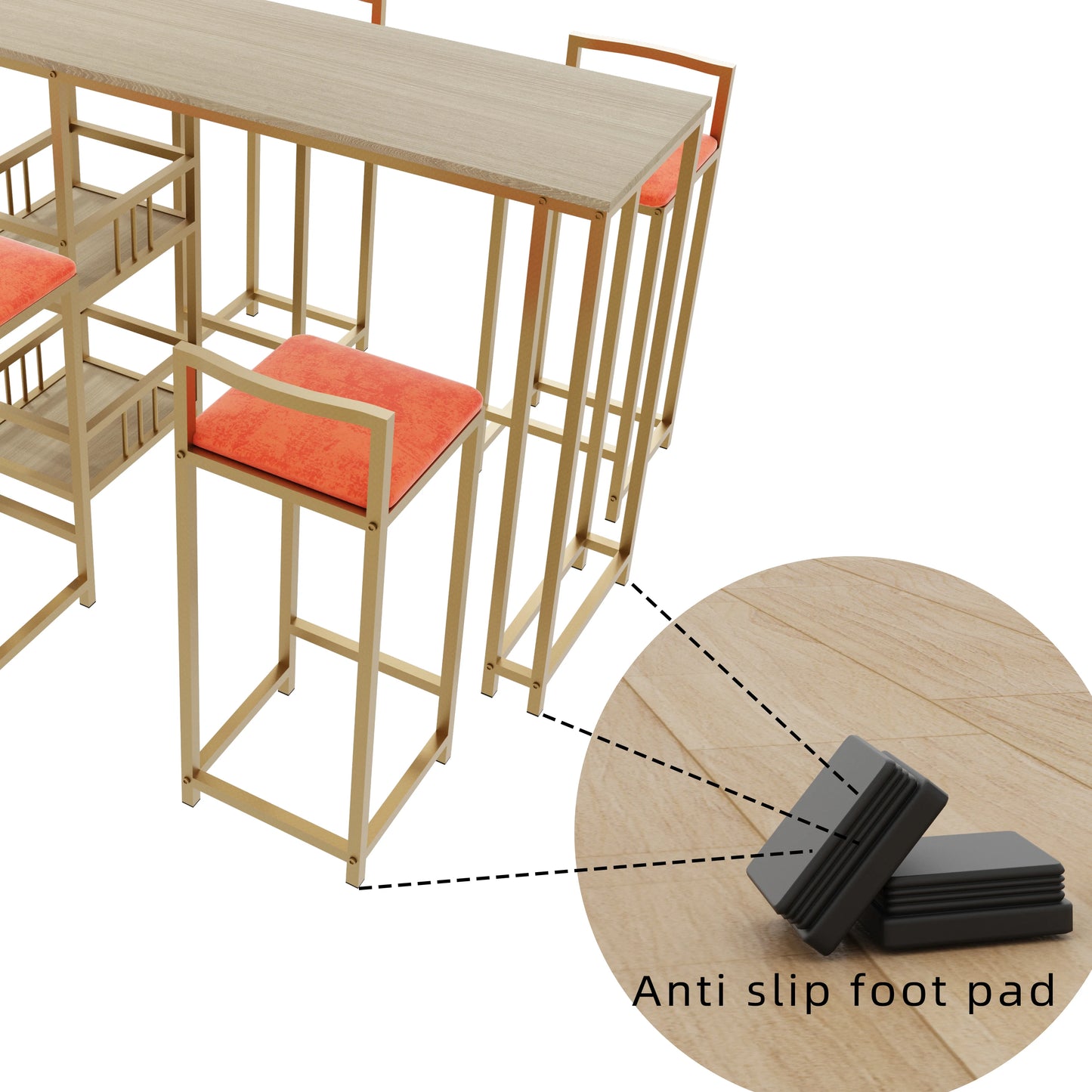 5-Piece Modern Bar Height Dining Set with Storage – Gold Frame and Orange Cushioned Chairs