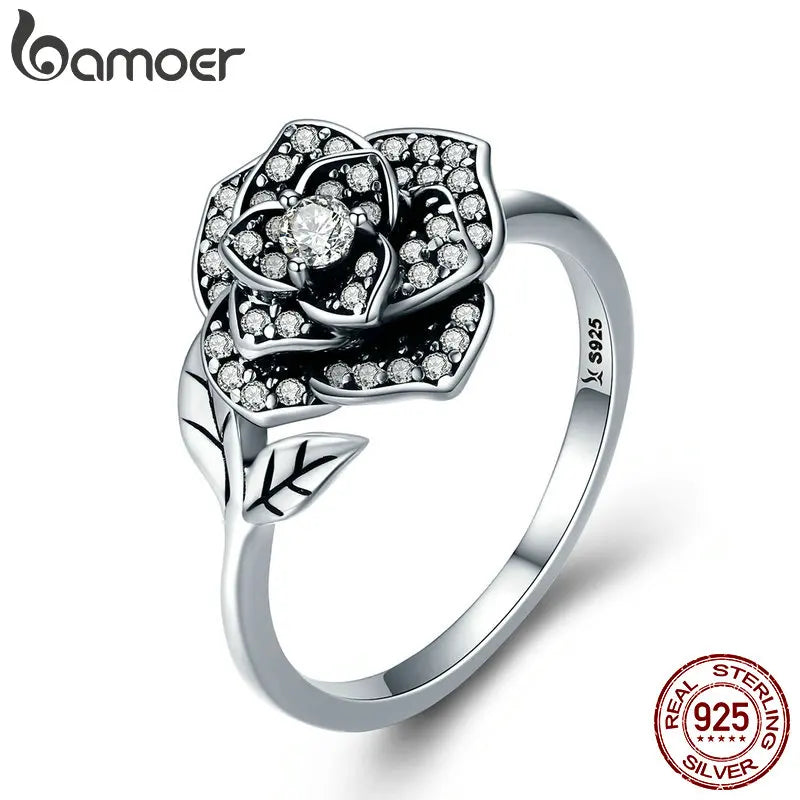 Sterling Silver Rose Flower Ring with CZ Leaves – 925 Silver Tree-Inspired Engagement & Wedding Band for Women